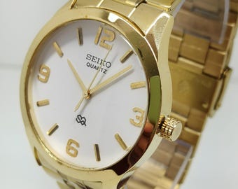 Reloj Seiko vintage de cuarzo chapado en oro: esfera blanca restaurada, reloj de pulsera para hombre