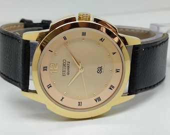 Reloj de cuarzo Seiko Tank vintage con correa de cuero genuino y esfera dorada para hombre