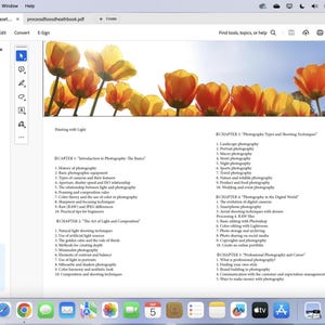 Könnte beinhalten: Ein Screenshot eines PDF-Dokuments, das in Adobe Acrobat geöffnet ist. Das Dokument mit dem Titel "processdfooodheathbook.pdf" zeigt ein Header-Bild von gelben und orangefarbenen Tulpen. Der Inhalt des Dokuments umfasst Kapitelüberschriften und nummerierte Listen zum Thema Fotografie.