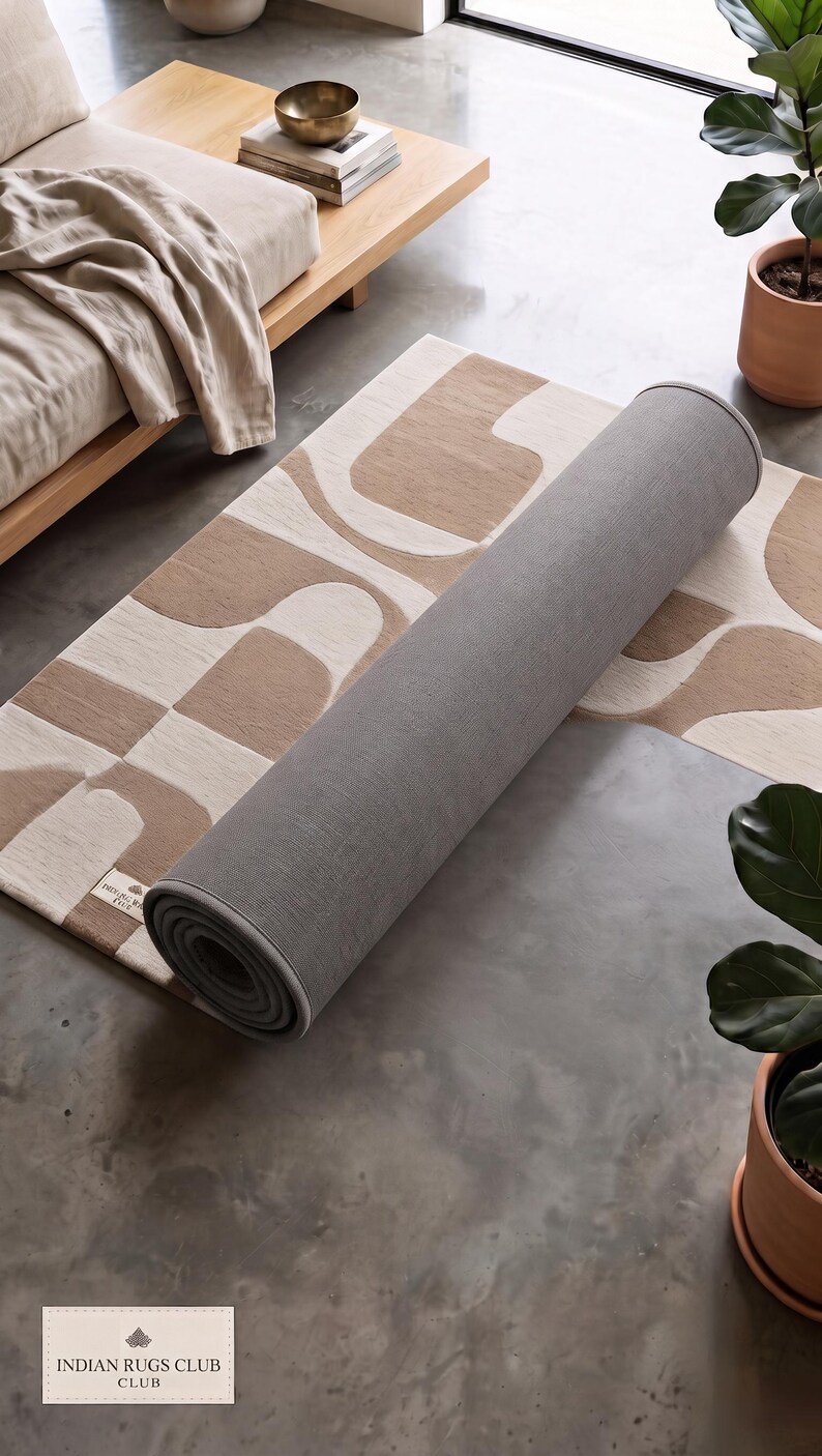 Hand Tufted Wool Rug, Abstract Geometric Carpet, Beige Cream Modern ...