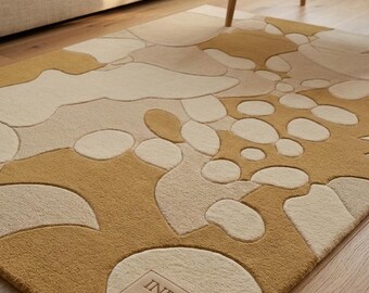 Alfombra abstracta de lana tejida a mano, moderna, en tonos beige neutro marfil, de pelo alto y bajo, estilo escandinavo para el hogar.