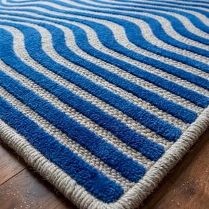 Hand Tufted Modern Wave Rug, Blue Ivory Loop High Low Pile Wool Area Rug, Contemporary Handmade Flat Pile Carpet, Custom Size