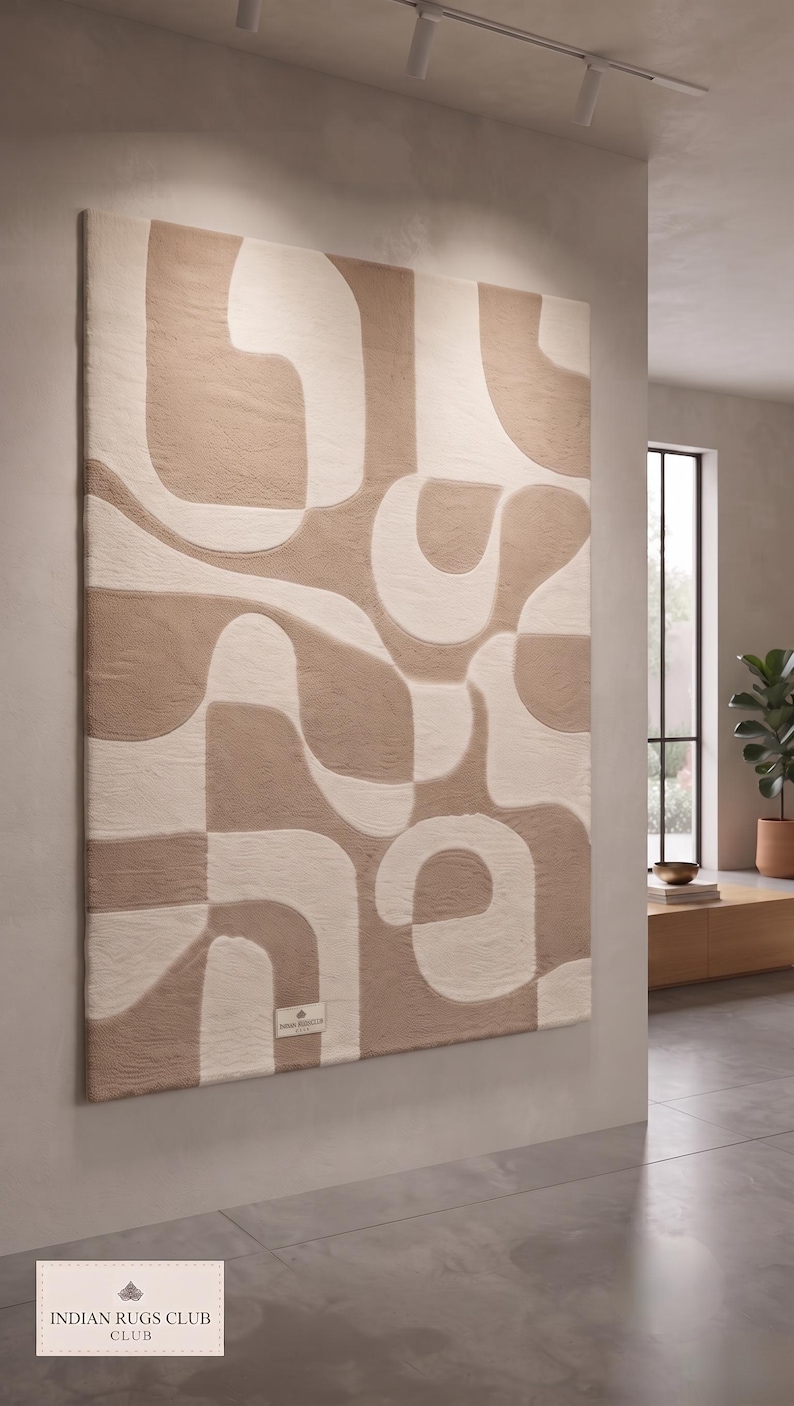Hand Tufted Wool Rug, Abstract Geometric Carpet, Beige Cream Modern ...
