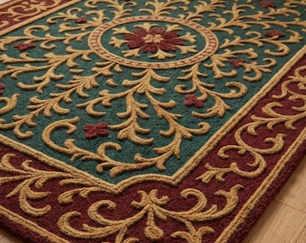 Handgetufteter orientalischer Wollteppich, Vintage-Blumenrankenmuster, Grün-Burgunderfarbene Wohnaccessoires