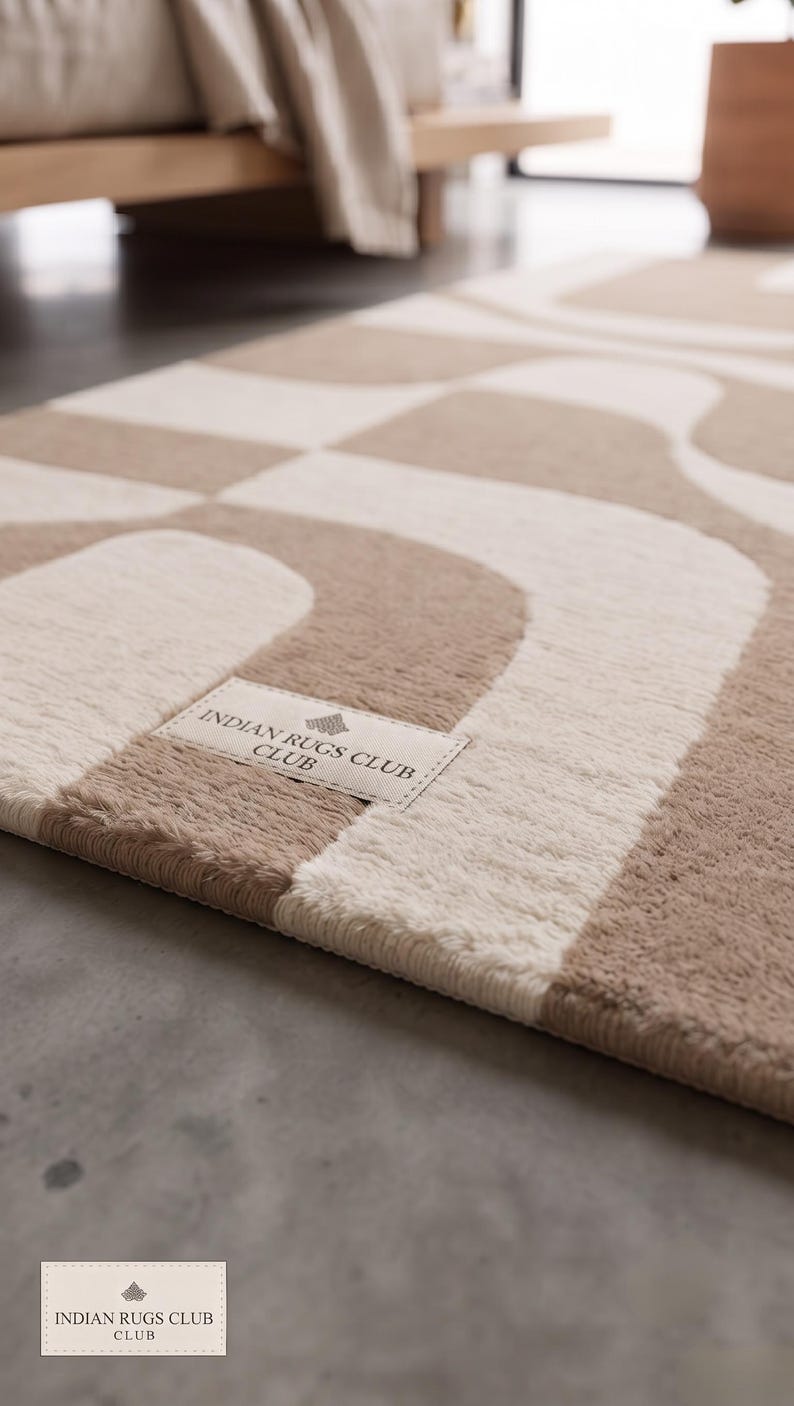 Hand Tufted Wool Rug, Abstract Geometric Carpet, Beige Cream Modern ...