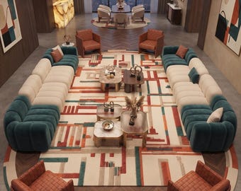 May include: A large living room featuring two long, curved modular sofas in teal and cream, four brown leather armchairs, and a central area rug with a geometric pattern in orange, teal, and cream. Four small coffee tables sit in the centre.