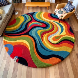 Hand Tufted Wool Round Rug, Abstract Swirl Multicolor Carpet, Modern Artistic Home Decor