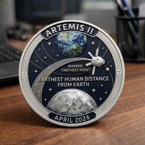 Op de afbeelding: Een zilverkleurige herdenkingsmunt met de tekst "ARTEMIS II" bovenaan. De munt toont afbeeldingen van de aarde, de maan, een ruimtevaartuig en de tekst "FARTHET HUMAN DISTANCE FROM EARTH" en "APRIL 2026".