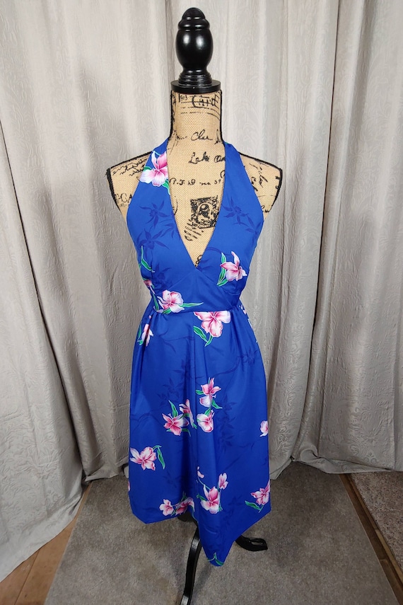 Vintage Hawaiian Halter Sun Dress Deep Blue Floral By Hukilau Fashions