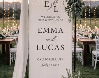 Personalized Wedding Welcome Banner | Custom Linen Fabric Sign with Names & Date | Rustic Modern Ceremony or Reception Décor