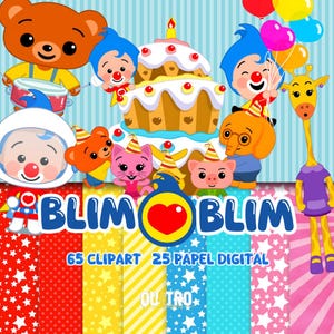 Puede incluir: Un diseño de arte digital colorido con personajes de dibujos animados, una tarta de cumpleaños y globos. La imagen incluye el texto "BLIM BLIM", "65 CLIPART 25 PAPEL DIGITAL" y varios fondos estampados.