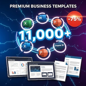 Könnte beinhalten: Werbung für Premium-Business-Vorlagen. Das Bild zeigt den Text "PREMIUM BUSINESS TEMPLATES" und "11.000+". Symbole für Excel, Word, PowerPoint und Power BI werden angezeigt. Ein roter Kreis zeigt einen Rabatt von 75 % an. Es werden auch mehrere Beispiel-Dashboards und -Dokumente gezeigt.