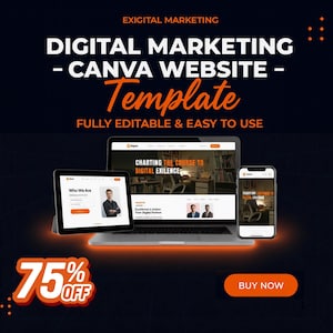 Può includere: Un modello di sito web Canva per il marketing digitale è visualizzato su un laptop, un tablet e uno smartphone. Il testo recita "DIGITAL MARKETING - CANVA WEBSITE - Template" con "FULLY EDITABLE & EASY TO USE" sotto. Sono visibili anche una grafica "75% OFF" e un pulsante "BUY NOW".