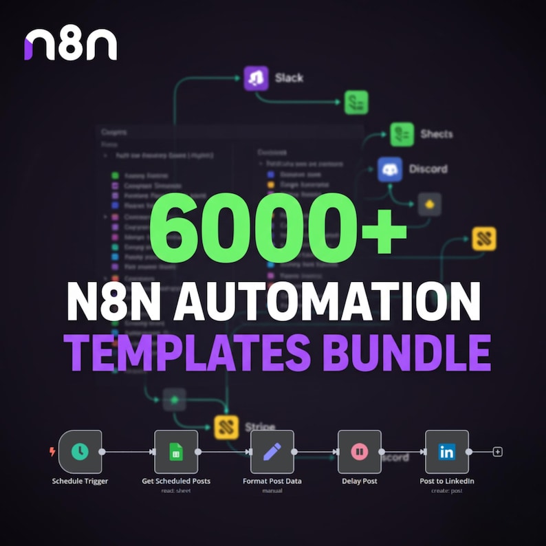 K&ouml;nnte beinhalten: Grafik zur Werbung f&uuml;r das N8N Automation Templates Bundle. Das Bild zeigt den Text "6000+" in Gr&uuml;n und "N8N AUTOMATION TEMPLATES BUNDLE" in Lila. Symbole f&uuml;r Slack, Sheets, Discord, Stripe und LinkedIn sind ebenfalls enthalten.