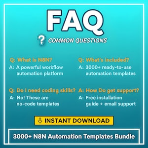 K&ouml;nnte beinhalten: Eine t&uuml;rkisfarbene und wei&szlig;e Grafik mit dem Wort "FAQ" in gro&szlig;en wei&szlig;en Buchstaben. Der Text enth&auml;lt "H&Auml;UFIG GESTELLTE FRAGEN" und Antworten zu einer Workflow-Automatisierungsplattform, einschlie&szlig;lich "SOFORT-DOWNLOAD".