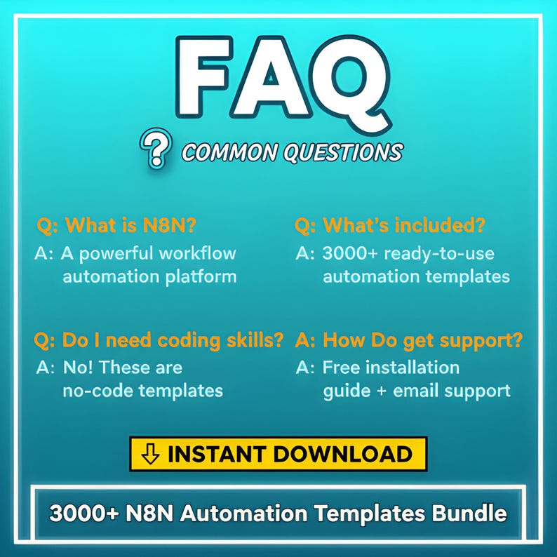 K&ouml;nnte beinhalten: Eine t&uuml;rkisfarbene und wei&szlig;e Grafik mit dem Wort "FAQ" in gro&szlig;en wei&szlig;en Buchstaben. Der Text enth&auml;lt "H&Auml;UFIG GESTELLTE FRAGEN" und Antworten zu einer Workflow-Automatisierungsplattform, einschlie&szlig;lich "SOFORT-DOWNLOAD".