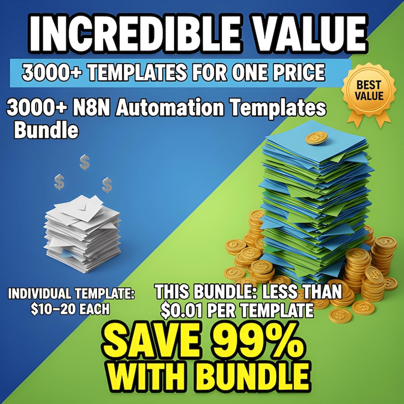 K&ouml;nnte beinhalten: Werbung mit dem Text &bdquo;INCREDIBLE VALUE&ldquo; und &bdquo;3000+ TEMPLATES FOR ONE PRICE&ldquo;. Es zeigt Papierstapel und M&uuml;nzen mit Text, der ein Bundle von Automatisierungsvorlagen zu einem niedrigen Preis anzeigt und 99 % spart.