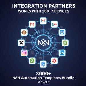 K&ouml;nnte beinhalten: Dunkelblaue Grafik mit dem Text "INTEGRATION PARTNERS" und "WORKS WITH 200+ SERVICES." Das Bild zeigt ein zentrales Logo, umgeben von Symbolen f&uuml;r verschiedene Dienste, darunter Gmail, Slack und Instagram. Der Text "3000+ N8N Automation Templates Bundle" ist ebenfalls vorhanden.