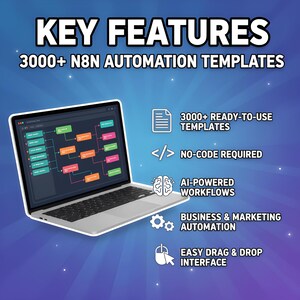 K&ouml;nnte beinhalten: Ein silberner Laptop zeigt ein Workflow-Diagramm mit farbigen Bl&ouml;cken. Das Bild hebt "WICHTIGE FUNKTIONEN" hervor, darunter "3000+ N8N AUTOMATISIERUNGSVORLAGEN", "KEIN CODE ERFORDERLICH", "KI-GEST&Uuml;TZTE WORKFLOWS", "BUSINESS & MARKETING AUTOMATISIERUNG" und "EINFACHE DRAG & DROP-OBERFL&Auml;CHE".