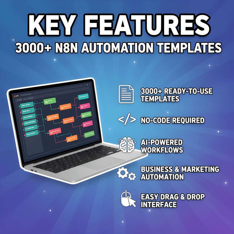 K&ouml;nnte beinhalten: Ein silberner Laptop zeigt ein Workflow-Diagramm mit farbigen Bl&ouml;cken. Das Bild hebt "WICHTIGE FUNKTIONEN" hervor, darunter "3000+ N8N AUTOMATISIERUNGSVORLAGEN", "KEIN CODE ERFORDERLICH", "KI-GEST&Uuml;TZTE WORKFLOWS", "BUSINESS & MARKETING AUTOMATISIERUNG" und "EINFACHE DRAG & DROP-OBERFL&Auml;CHE".