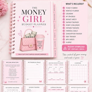 May include: A spiral-bound Money Girl Budget Planner with a pink cover featuring a handbag and coffee cup graphic. The set includes various printable pages like a monthly budget planner, savings tracker, expense tracker, and calendar for financial tracking.