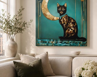 Art Deco Cat Elegant Canvas Print Wall Art Picture Vintage 1920s Black Gold Cat Lover Gift Wall Art