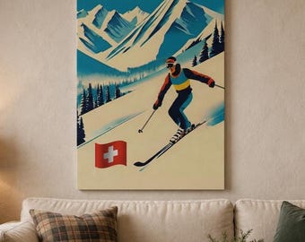 Vintage Ski the Alps Canvas Switzerland Wall Art Skiing Travel Poster