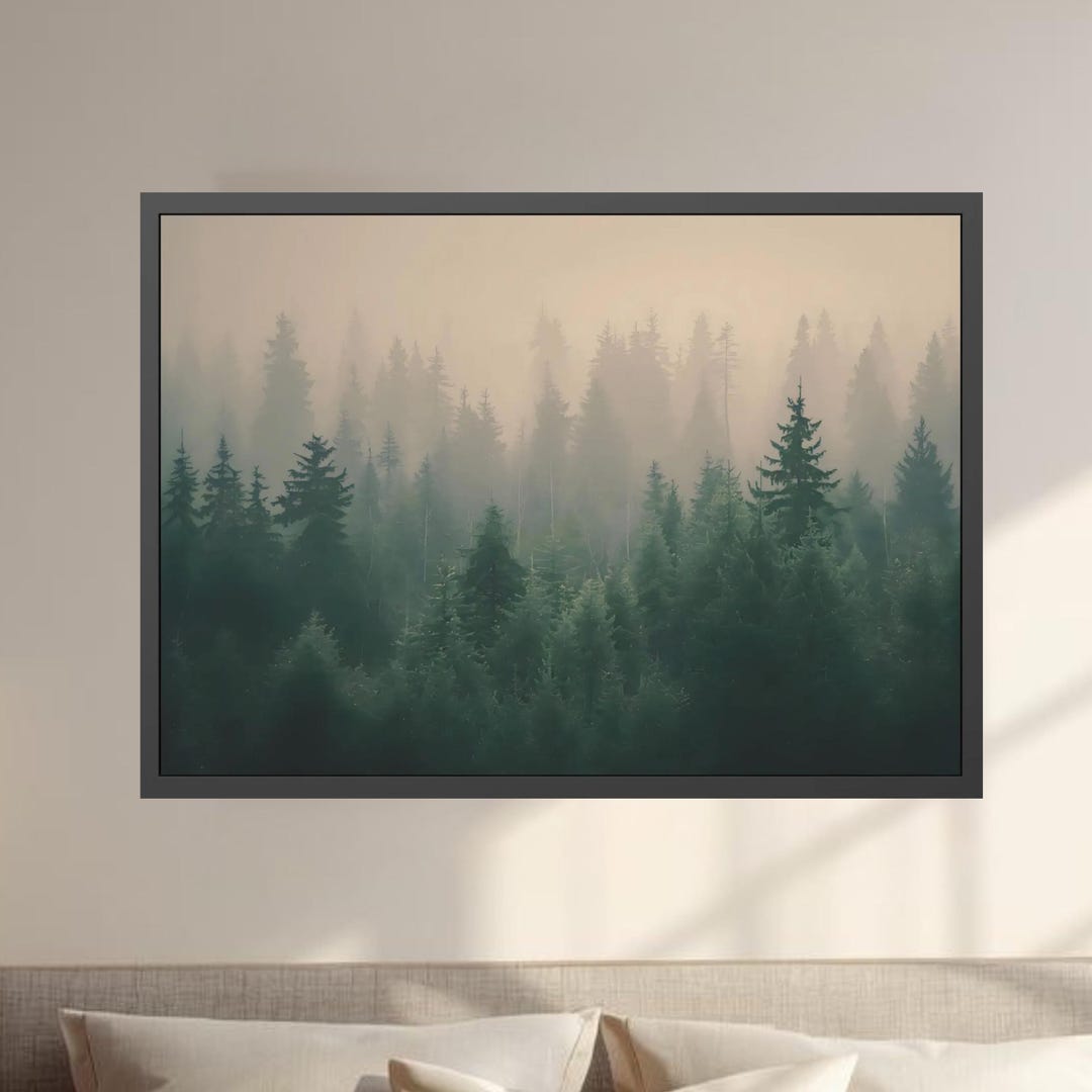Misty Forest Wall Art – Framed Pine Tree Landscape Print, Rustic Cabin ...