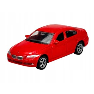 May include: A bright red toy car with a sleek, modern design. The miniature vehicle features a detailed front grille, headlights, and alloy wheels. The car is a miniature replica of a sedan.