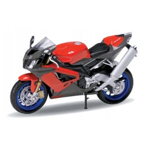 May include: A red and black sport motorcycle with blue wheels. The motorcycle has a silver exhaust pipe and a black seat. The brand name "aprilia" is visible on the gas tank. The motorcycle is on a white background.