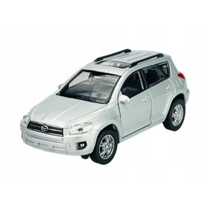 May include: Silver SUV toy car with black tires and a black roof rack. The toy car has a sunroof and red taillights. The front of the car has a Toyota emblem. The car is a miniature replica.