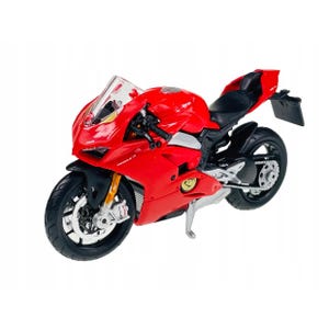 Może przedstawiać: Czerwony model motocykla Ducati z czarnymi oponami i srebrnymi akcentami. Model posiada przednią szybę, czarne siedzenie i podpórkę. Motocykl jest szczegółową repliką motocykla sportowego.