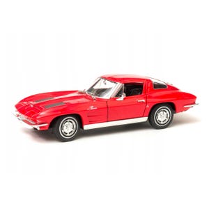May include: A red classic sports car model with a hardtop. The car has a sleek design, chrome accents, and detailed wheels. The model is a vibrant red color, showcasing its vintage style. The car is approximately 10 inches long.