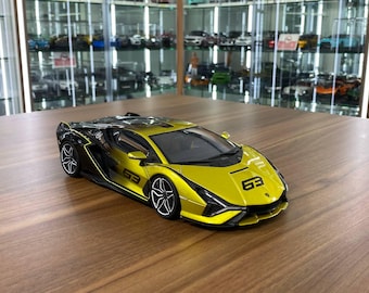 Bburago 1/18 Lamborghini Sián FKP 37 #63 Diecast Model Yellow Black | Lamborghini Collectible | Custom License Plate | Gift for Car Lovers