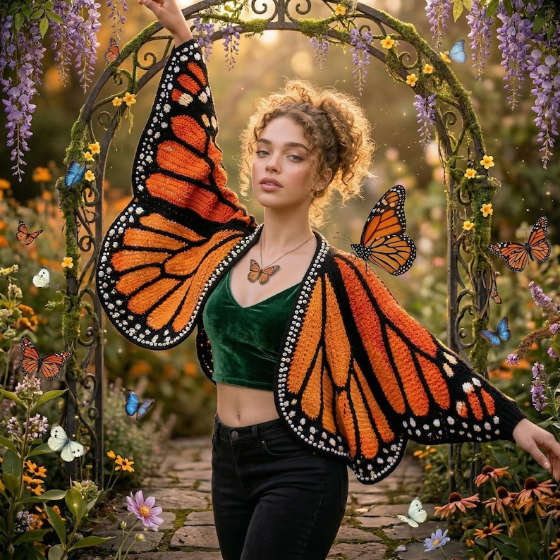 Monarch Butterfly Cardigan Crochet Pattern PDF, Crochet,Butterfly Wings Sweater, Beginner Friendly, Instant Download, image 1