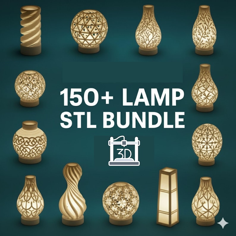 May include: A collection of 3D-printed lamps in various shapes and designs, including spherical, cylindrical, and vase-like forms. The lamps feature intricate patterns and textures, with the text "150+ LAMP STL BUNDLE" displayed prominently.