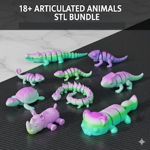 May include: A collection of articulated animal models in various colors, including a crocodile, chameleon, turtle, and rhino. The models are 3D printed and feature a gradient color scheme. The text "18+ ARTICULATED ANIMALS STL BUNDLE" is displayed at the top.