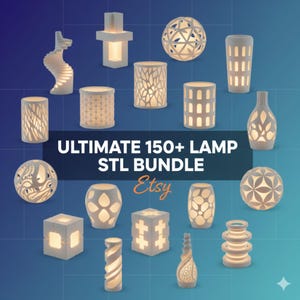 May include: A collection of white, illuminated lamps with various designs, including cylindrical, spherical, and geometric shapes. The lamps feature intricate cut-out patterns and are lit from within, creating a warm glow. Text on the image reads "ULTIMATE 150+ LAMP STL BUNDLE Etsy".
