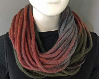 Felted Infinity Scarf: Hand-dyed Merino Wool Scarf  Contrasting Green, Gray, Purple and Burnt Orange Colors- Warm Wool Scarf