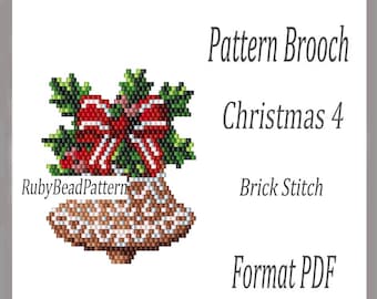 May include: A beaded Christmas bell brooch pattern. The bell is brown with a white geometric design. A red and white bow sits atop green leaves. Text reads "Pattern Brooch Christmas 4 Brick Stitch Format PDF".