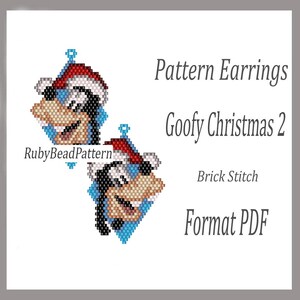 May include: A pair of diamond-shaped earrings featuring a pixelated image of Goofy wearing a Santa hat. The earrings are part of the "Goofy Christmas 2" pattern, created with brick stitch, and available in PDF format.