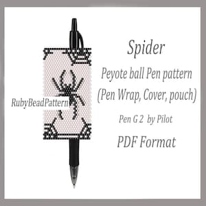 May include: A black Pilot G2 pen with a beaded pen wrap. The pen wrap features a black spider design on a light pink background. The text on the image reads "Spider Peyote ball Pen pattern (Pen Wrap, Cover, pouch)".