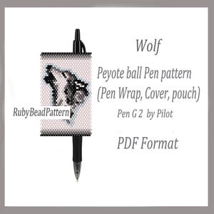 May include: A black pen with a beaded pen wrap featuring a wolf design. The pen wrap is a peyote ball pattern, and the text on the image reads "Wolf Peyote ball Pen pattern (Pen Wrap, Cover, pouch) Pen G 2 by Pilot PDF Format."