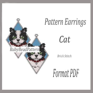 May include: A pair of diamond-shaped beaded earrings featuring a cat design. The earrings are black and white with green eyes and a red collar, set against a light blue background. Text includes "Pattern Earrings Cat Brick Stitch Format PDF" and "RubyBeadPattern".