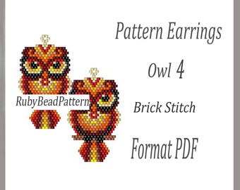 Owl 4 bead earrings pattern, Owl beaded pattern, Owl beading earrings pattern, Owl beading pattern, Beading, Bead pattern Brick Stitch
