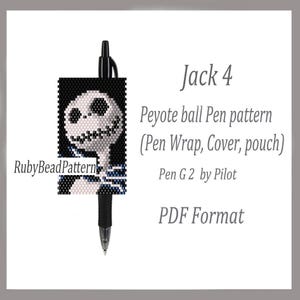 May include: A black pen with a beaded Jack Skellington design. The pen wrap pattern is for a Peyote ball pen. The text on the image says "Jack 4" and "Peyote ball Pen pattern (Pen Wrap, Cover, pouch)".