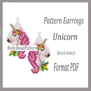 Puede incluir: Pendientes de unicornio de cuentas con un patrón de punto de ladrillo. Los pendientes son blancos, rosas y amarillos. El texto incluye "Pattern Earrings Unicorn Brick Stitch Format PDF" y "RubyBeadPattern".