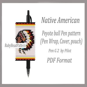 Pode incluir: Uma caneta com um design nativo americano com contas. A capa da caneta apresenta um padrão colorido com um motivo central de um cocar. O texto na imagem diz "Native American Peyote ball Pen pattern (Pen Wrap, Cover, pouch) Pen G 2 by Pilot PDF Format."