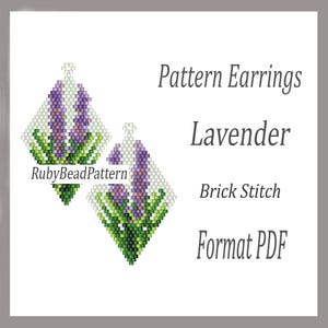 May include: A digital pattern for beaded earrings featuring a lavender design. The earrings are diamond-shaped with purple lavender flowers and green leaves. The text on the image reads "Pattern Earrings Lavender Brick Stitch Format PDF". The pattern is from RubyBeadPattern.