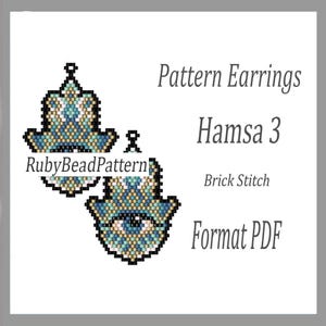 May include: A digital pattern for Hamsa 3 earrings in PDF format. The earrings are designed in a brick stitch pattern, featuring a blue and gold color scheme with an eye design. The text "Pattern Earrings", "Hamsa 3", "Brick Stitch", and "Format PDF" are visible.